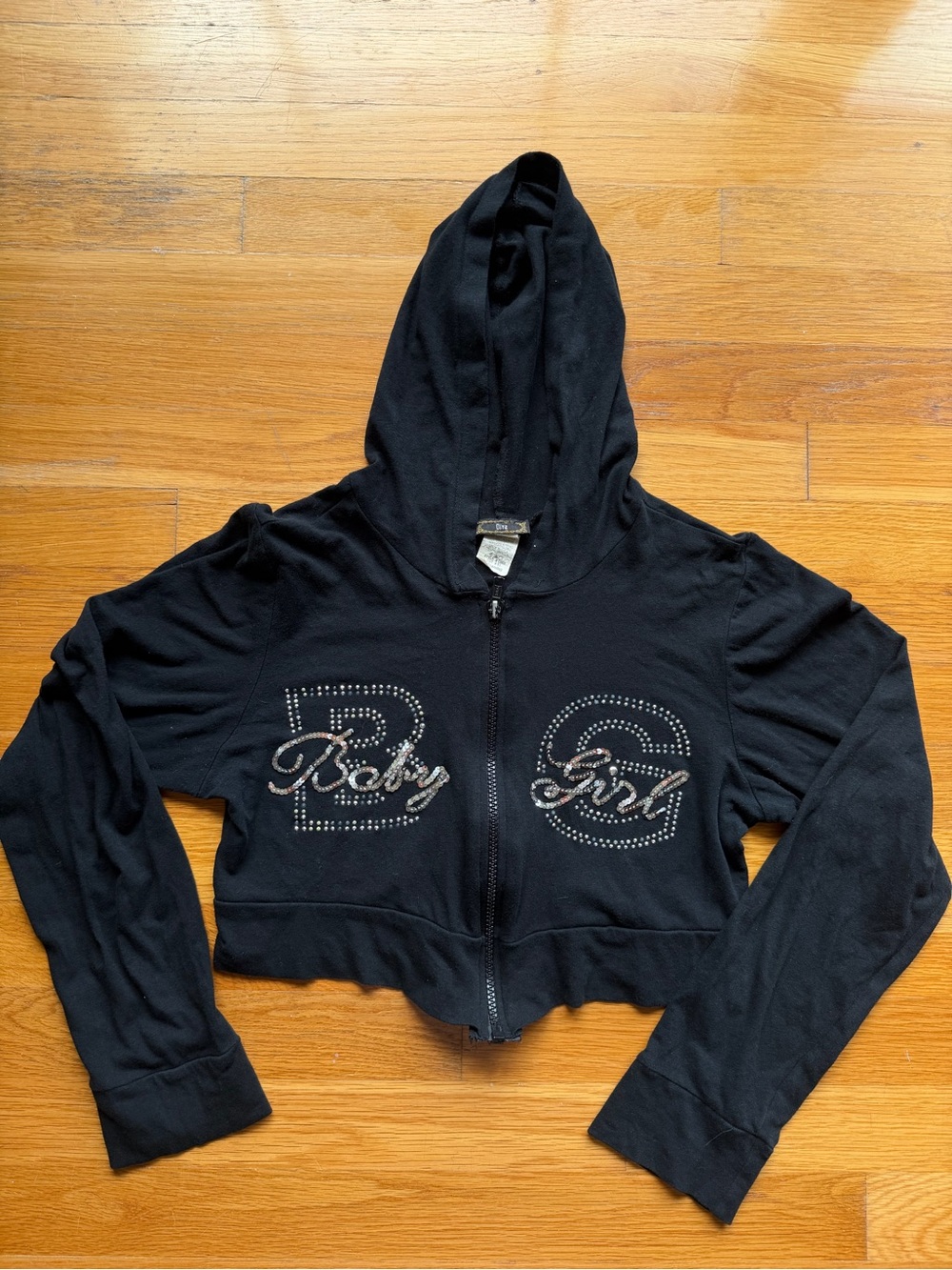 Y2K-Style Diva Rhinestone “Baby Girl” Black Cropped Zip-Up Hoodie